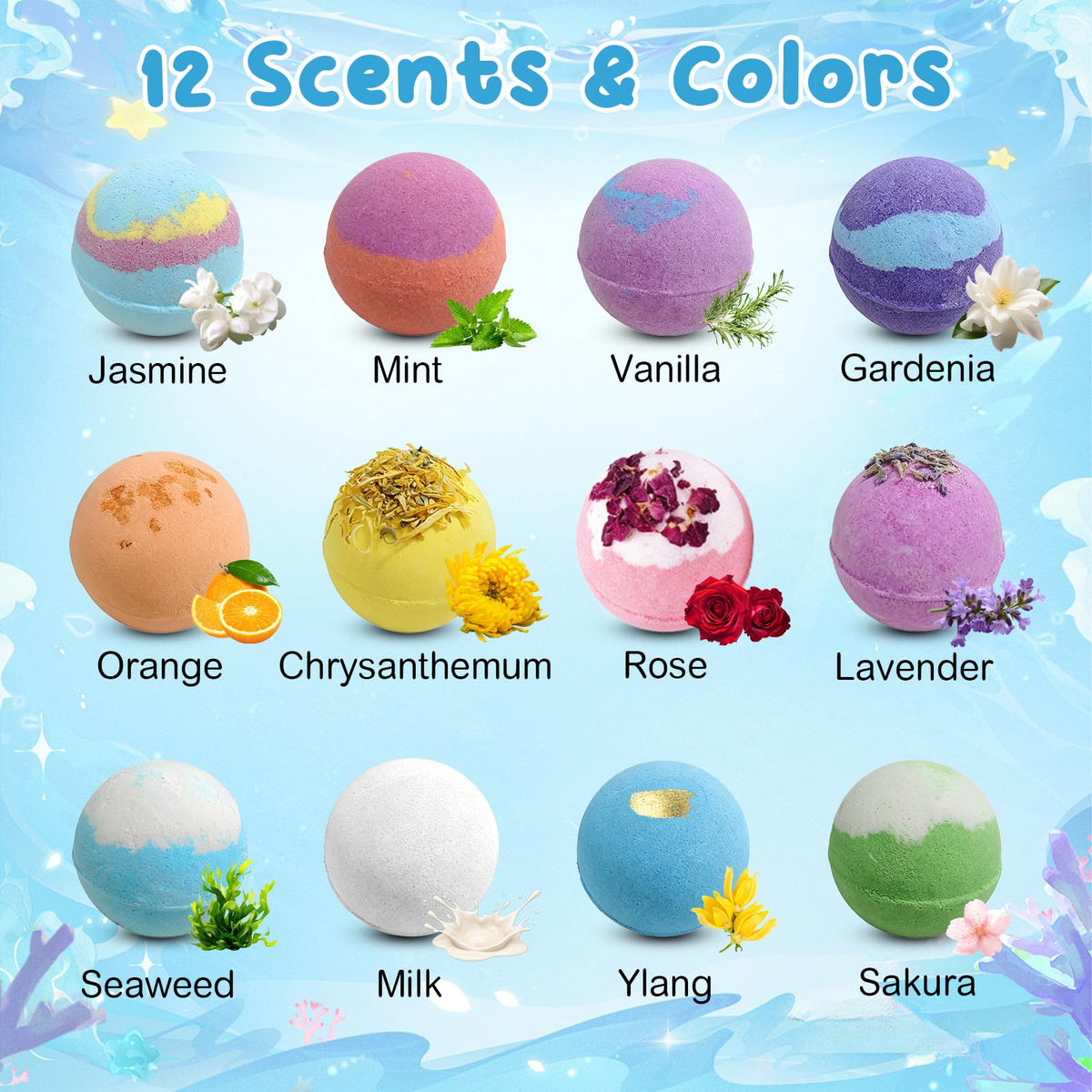12-Pack 2.1 oz Shea Butter Bath Bomb Gift Set with Hidden Keepsakes