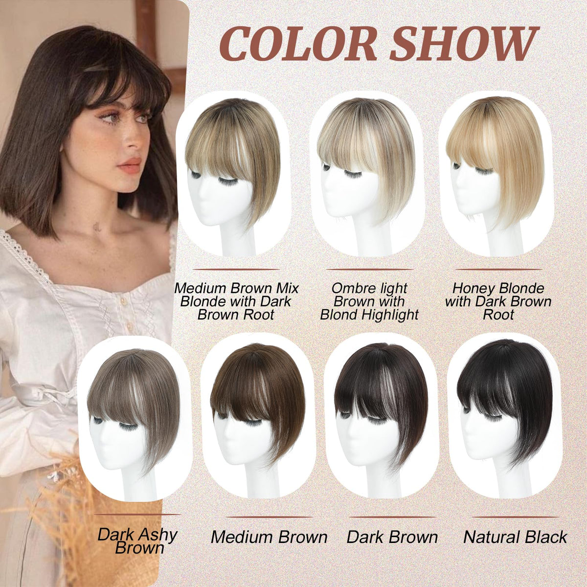 HOLFWALF Human Hair Toppers for Women with Bangs, 4.5 x 3-Inch Swiss Base
