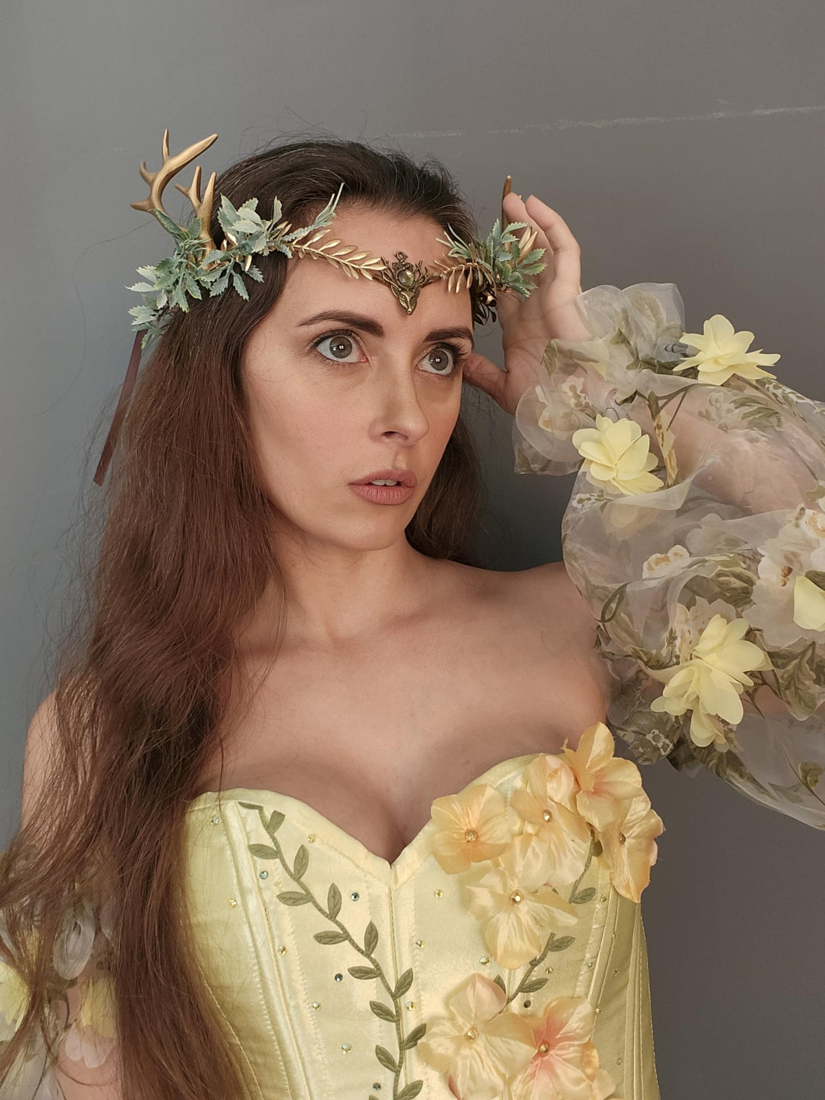 MOSTORY Woodland Gold Antler Crown Fairy Floral Circlet Headpiece