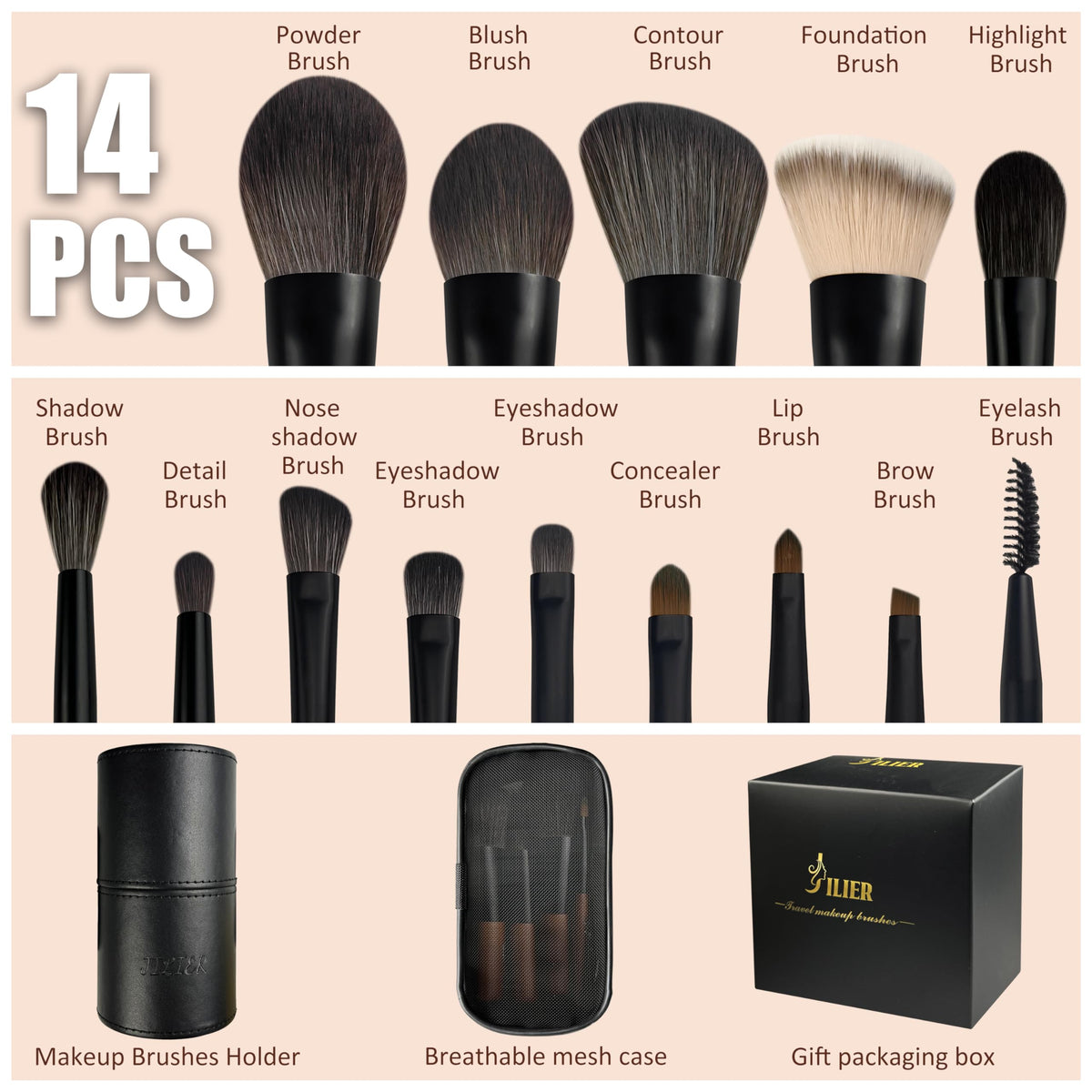 Jilier 14-Piece Mini Travel Makeup Brush Set with Case