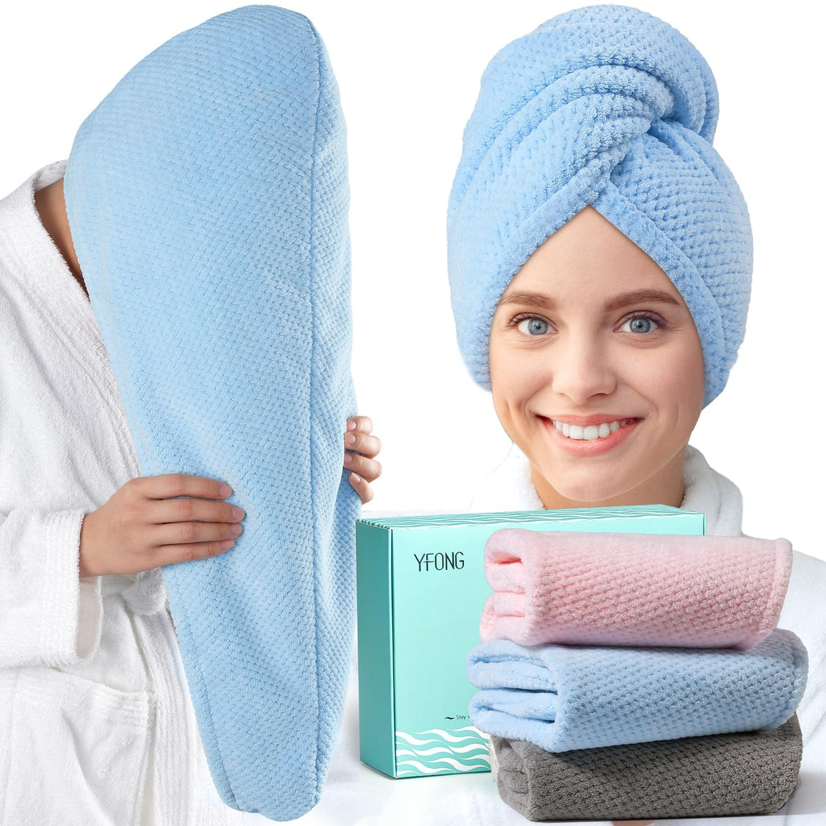 YFONG 3 Pack Large Microfiber Hair Towel Wraps, 30" x 10"