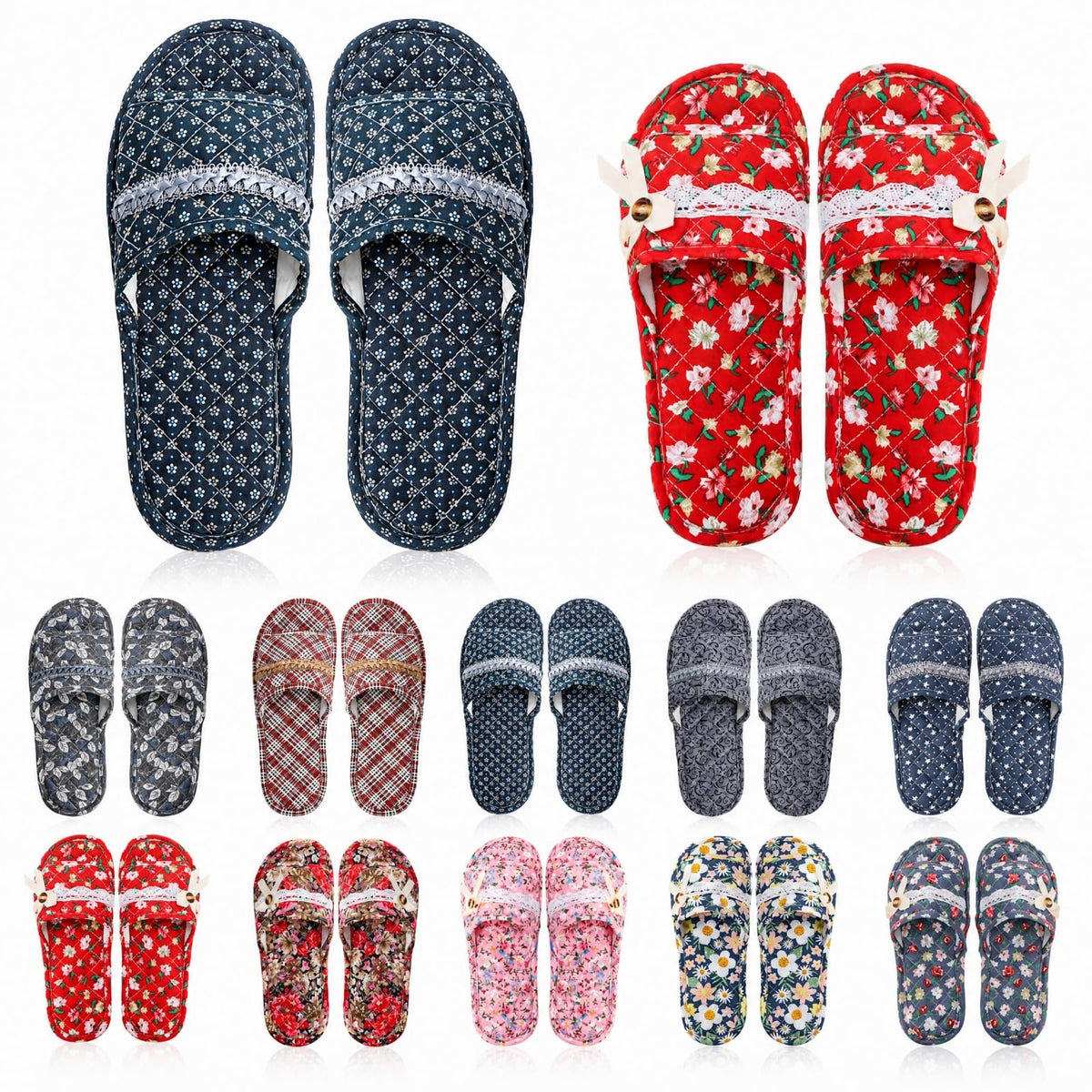 10 Pairs Floral Cotton House Slippers for Guests, Non-Slip, 2 Sizes