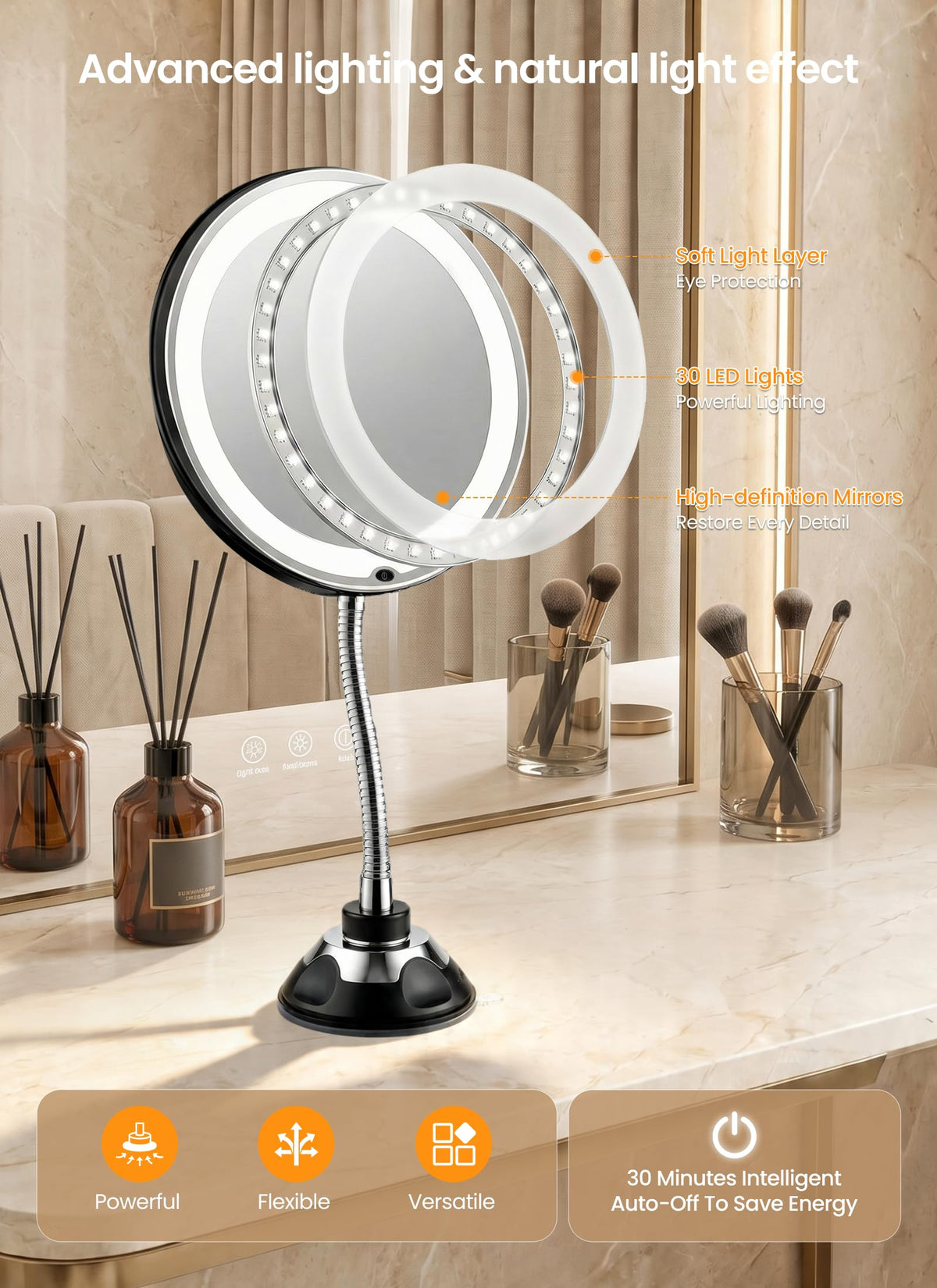 10x Magnifying Makeup Mirror with Lights, Flexible Wall-Mounted LED Mirror