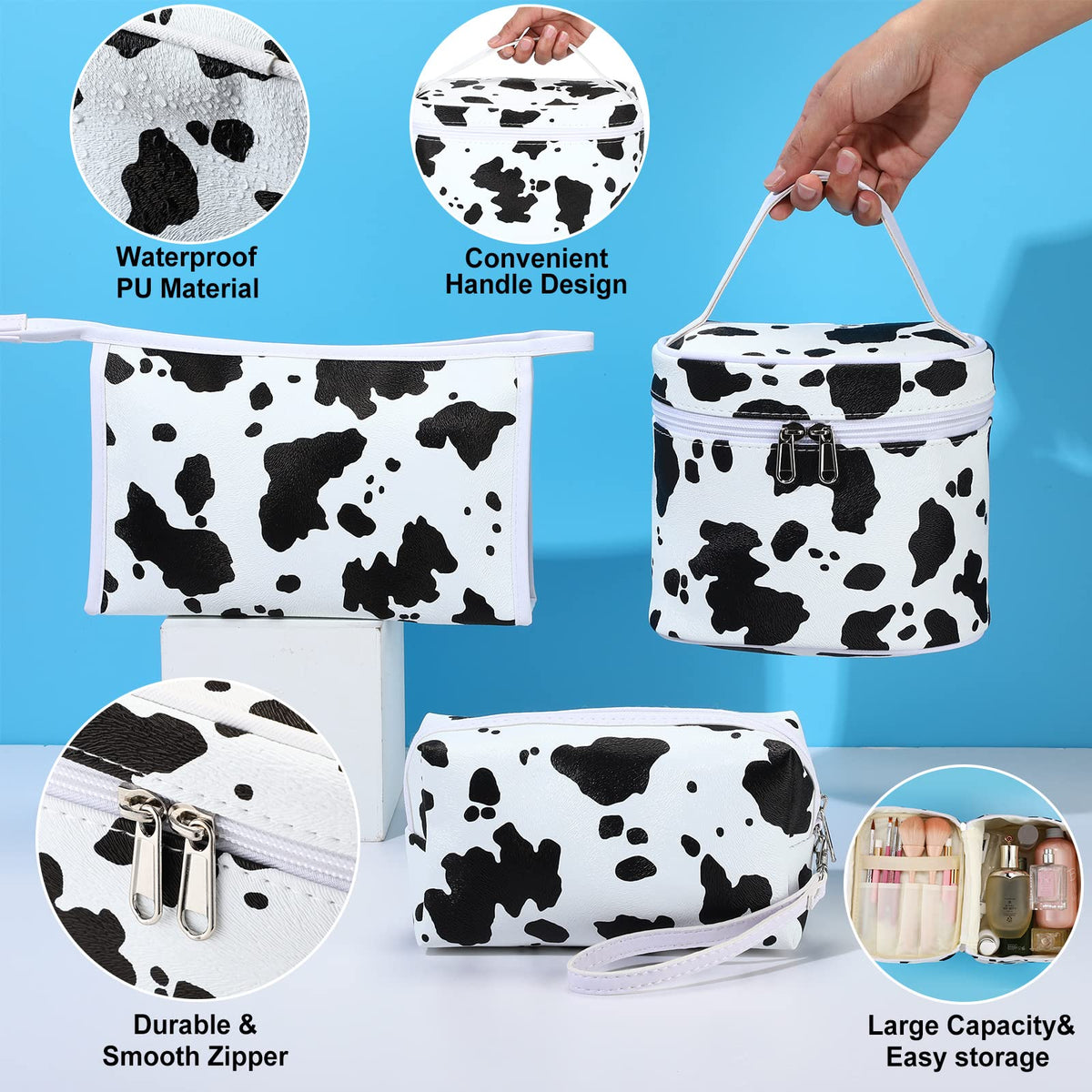 Saintrygo Set of 6 Cow Print Makeup Bags, PU Leather Travel Cosmetic Pouches