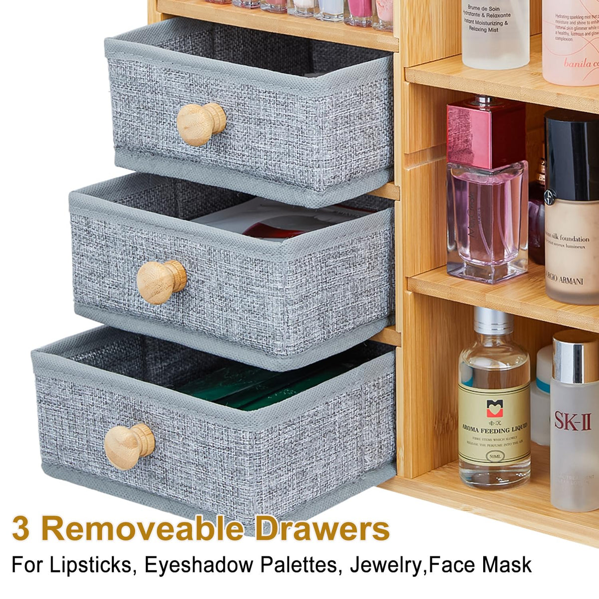 Natural Bamboo 3-Tier Makeup Organizer with Drawers