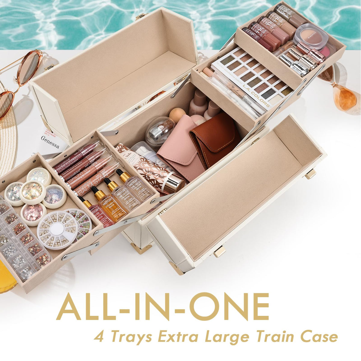 Joligrace Large Portable Makeup Train Case with 4 Trays