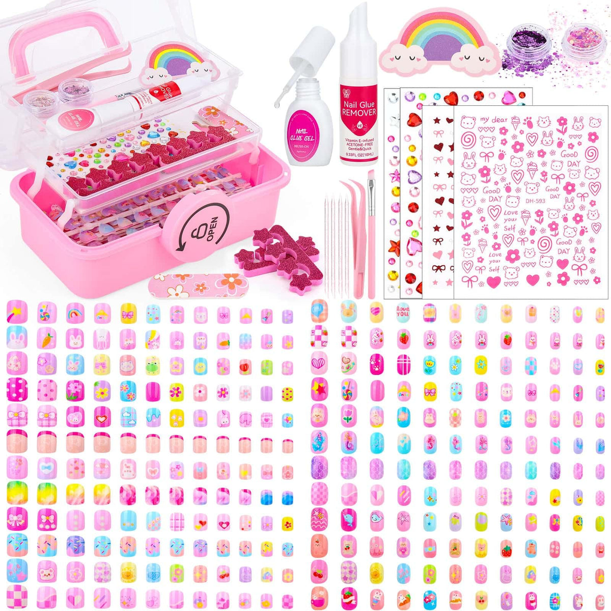 Kids Press-On Nail Art Kit with Glue, Remover and Storage Case