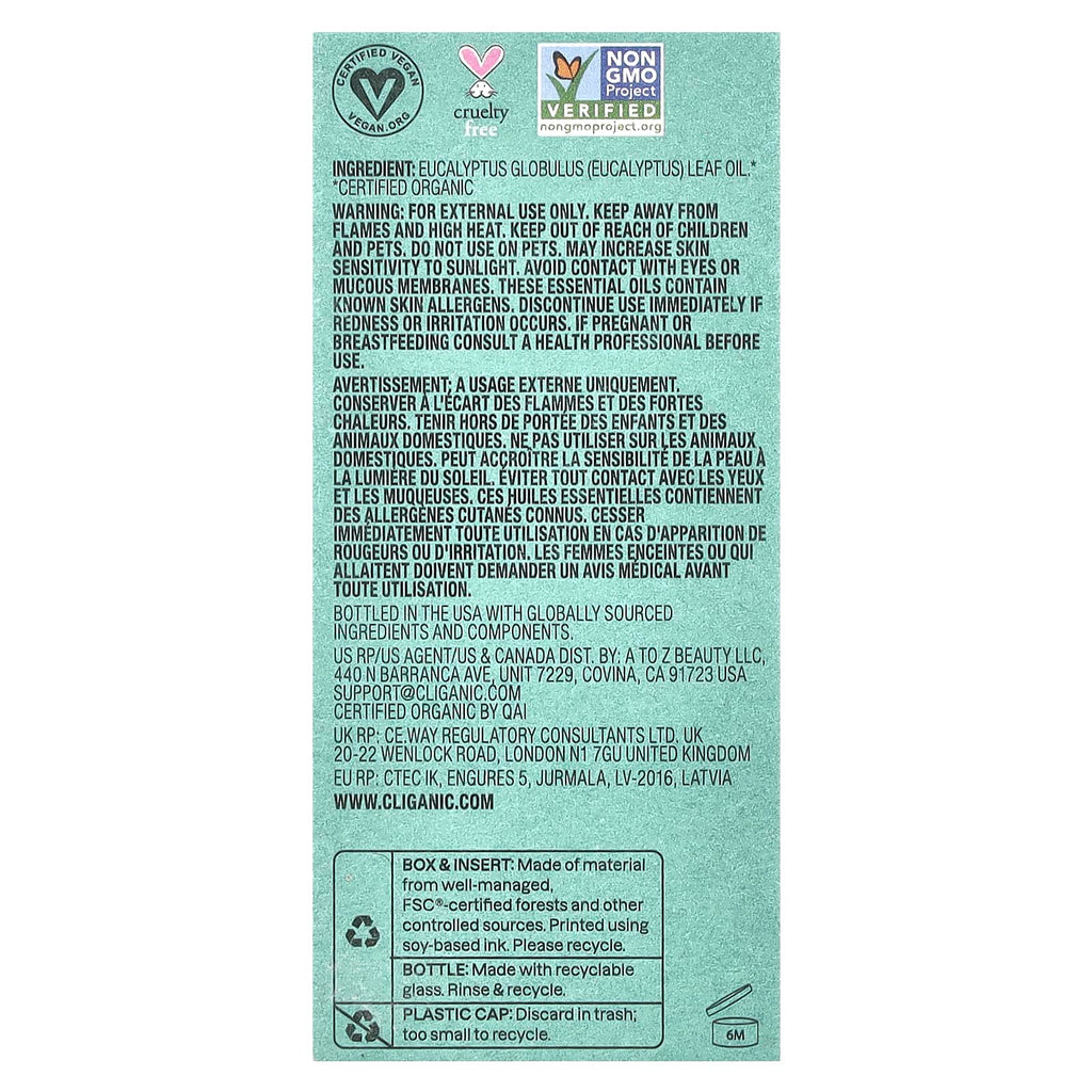 Cliganic, Moment of Clarity™, Essential Oil, Organic Eucalyptus, 0.34 fl oz (10 ml)