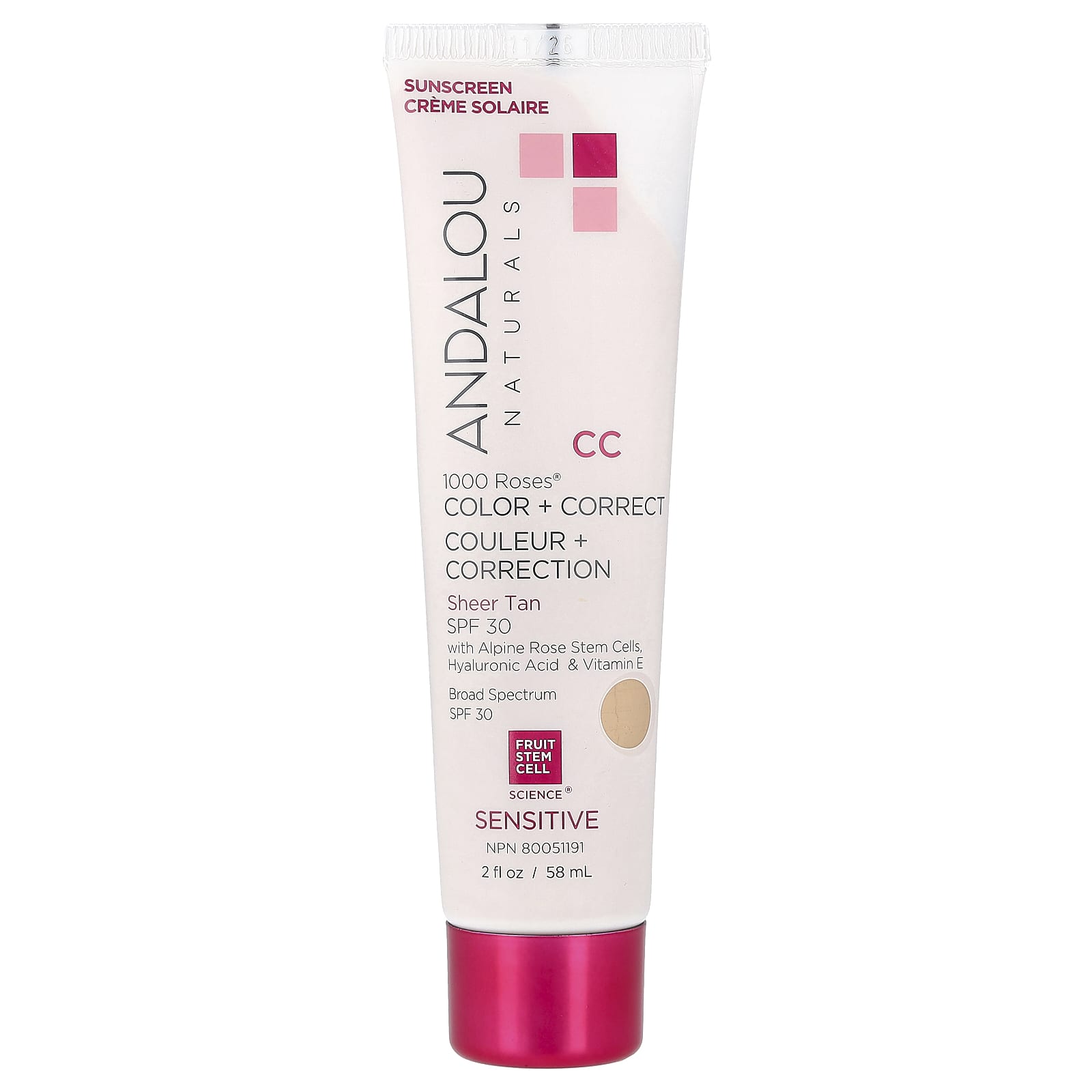 Andalou Naturals, 1000 Roses®, Color + Correct, Sensitive, SPF 30, Sheer Tan, 2 fl oz (58 ml)