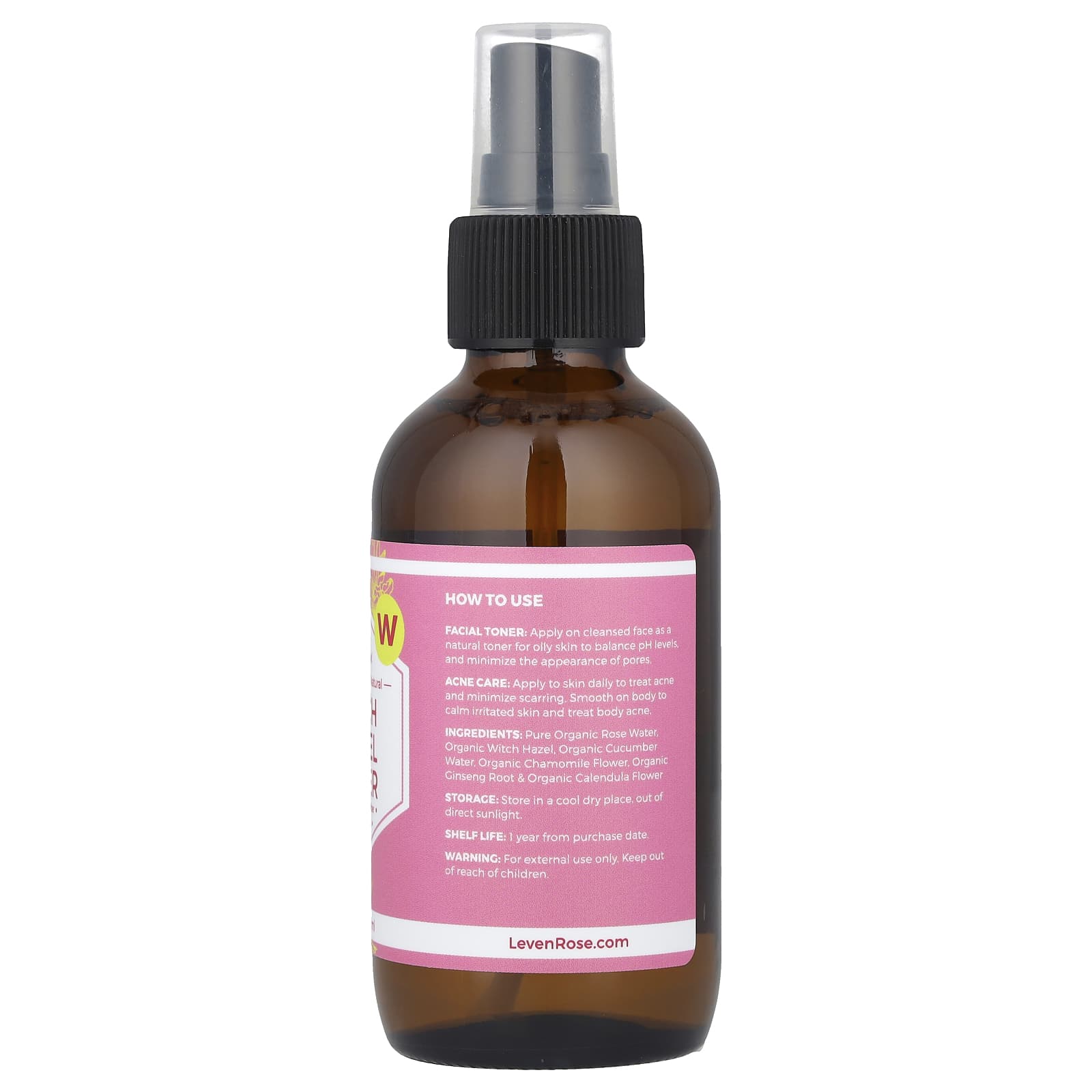 Leven Rose, 100% Organic & Natural, Witch Hazel Toner, 4 fl oz (118 ml)