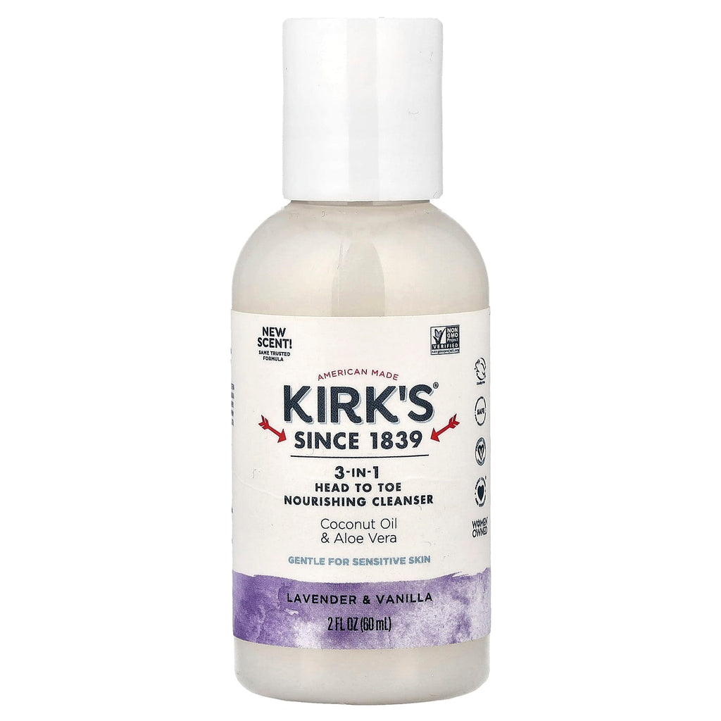 Kirk's, 3-in-1 Head To Toe Nourishing Cleanser, Lavender & Vanilla, 2 fl oz (60 ml)