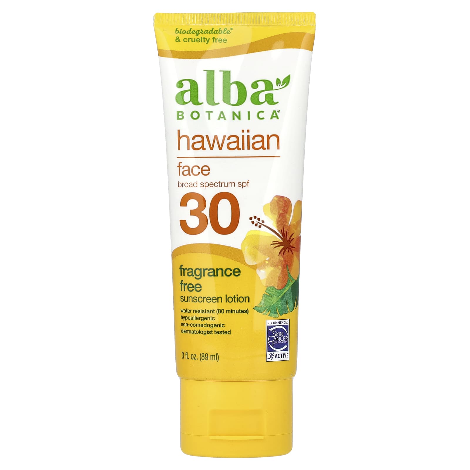 Alba Botanica, Hawaiian Face Sunscreen Lotion, SPF 30, Fragrance Free, 3 fl oz (89 ml)