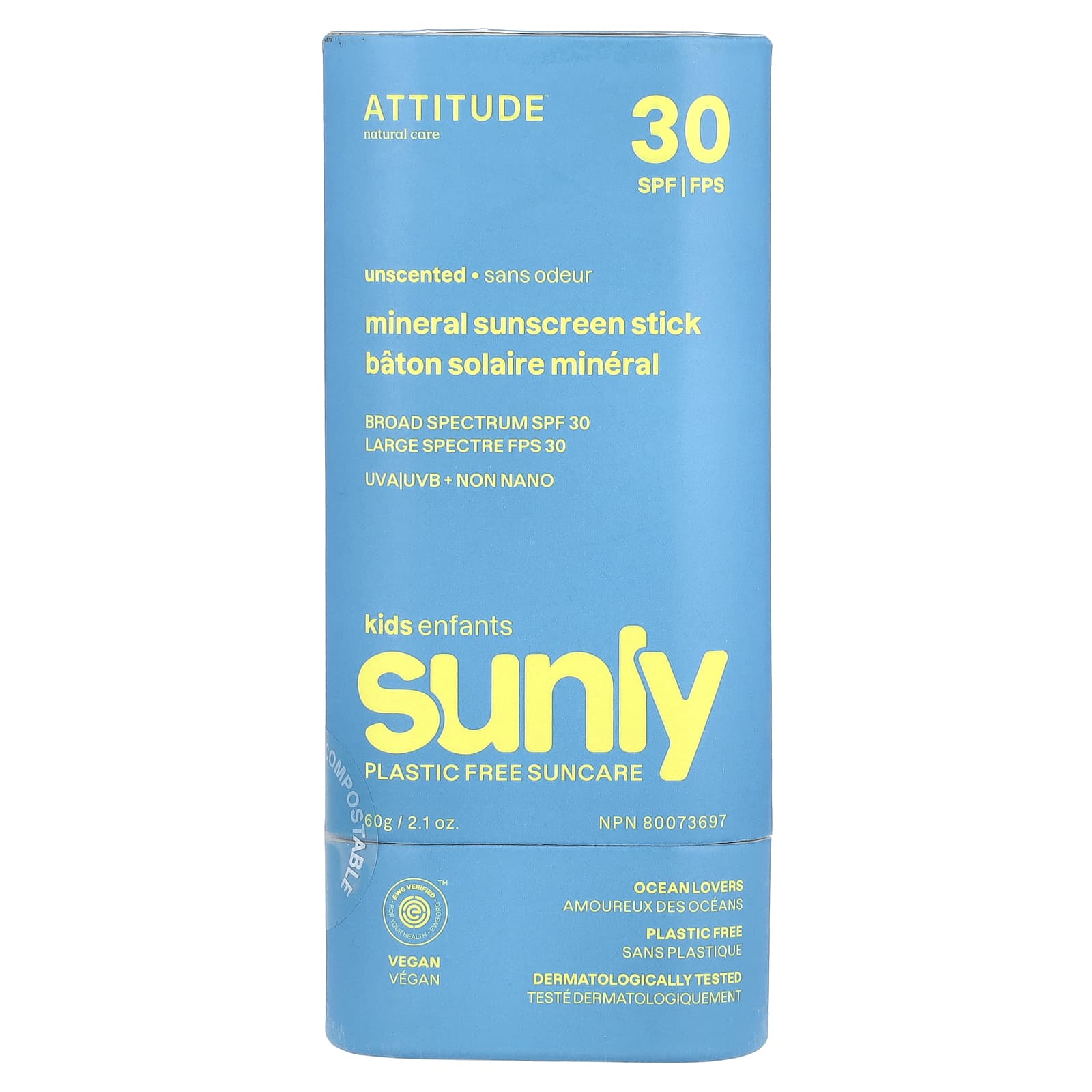 ATTITUDE, Sunly, Mineral Sunscreen Stick, For Kids, SPF 30, Unscented, 2.1 oz (60 g)