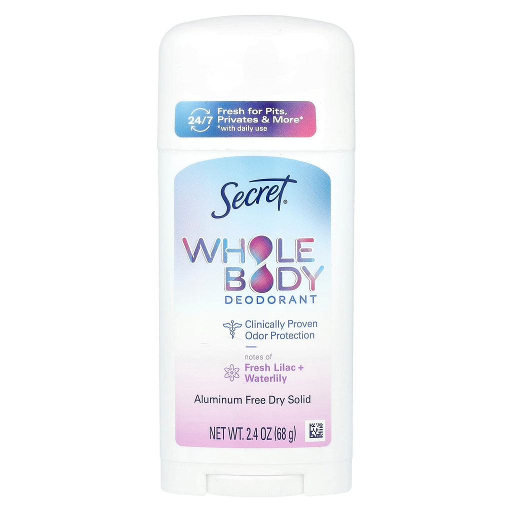 Secret, Whole Body Deodorant, Aluminum Free Dry Solid, Fresh Lilac + Waterlily, 2.4 oz (68 g)