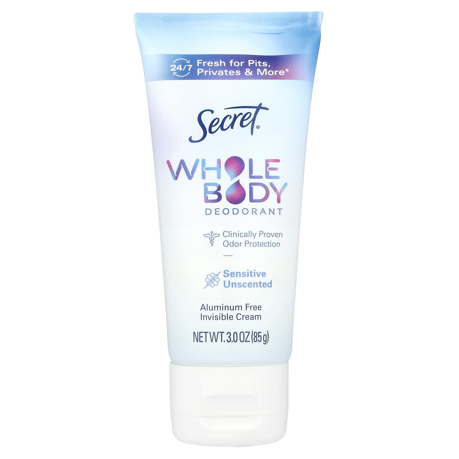 Secret, Whole Body Deodorant, Aluminum Free, Invisible Cream, Unscented, 3 oz (85 g)