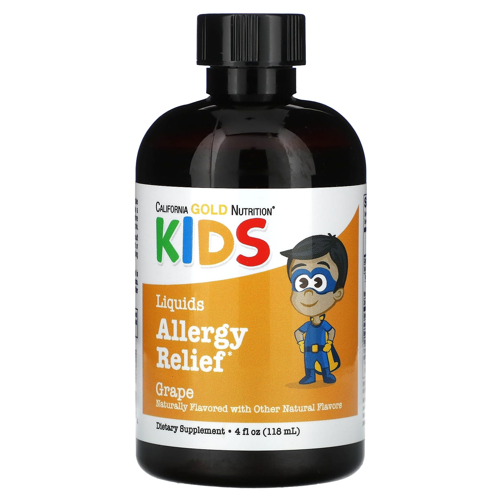 California Gold Nutrition, Liquid Allergy Relief with Elderberry Extract, Vitamin C, Amla Powder and Bromelain for Children, No Alcohol, Grape, 4 fl oz (118 ml)