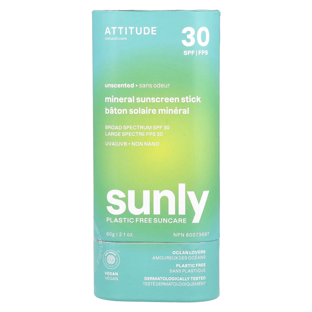 ATTITUDE, Sunly, Mineral Sunscreen Stick, SPF 30, Unscented, 2.1 oz (60 g)