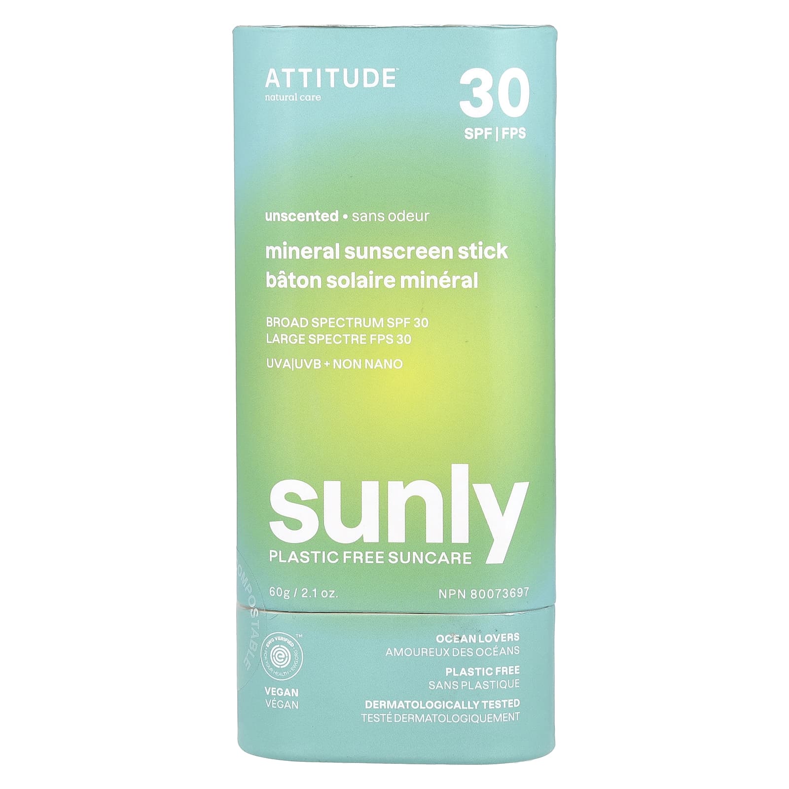 ATTITUDE, Sunly, Mineral Sunscreen Stick, SPF 30, Unscented, 2.1 oz (60 g)