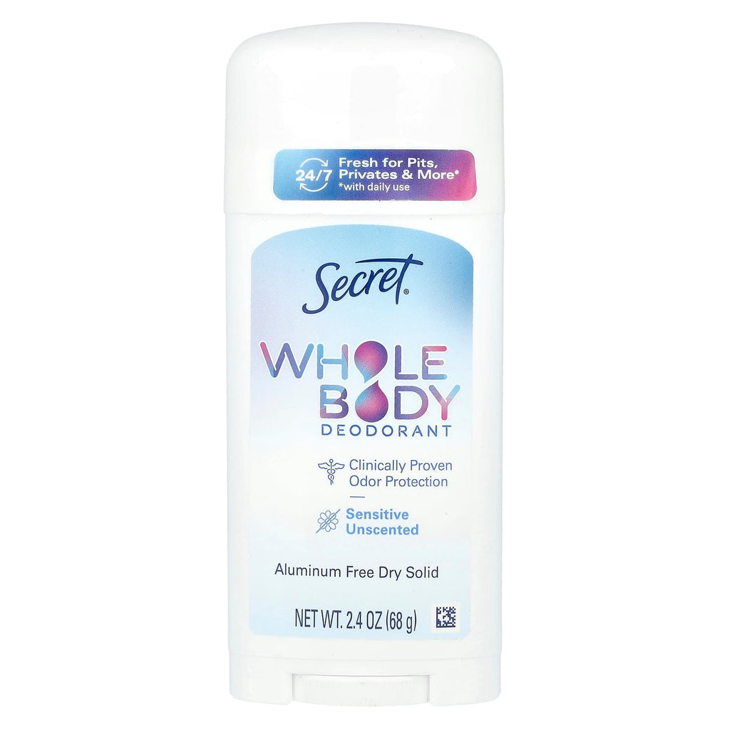 Secret, Whole Body Deodorant, Aluminum Free Dry Solid, Unscented , 2.4 oz (68 g)
