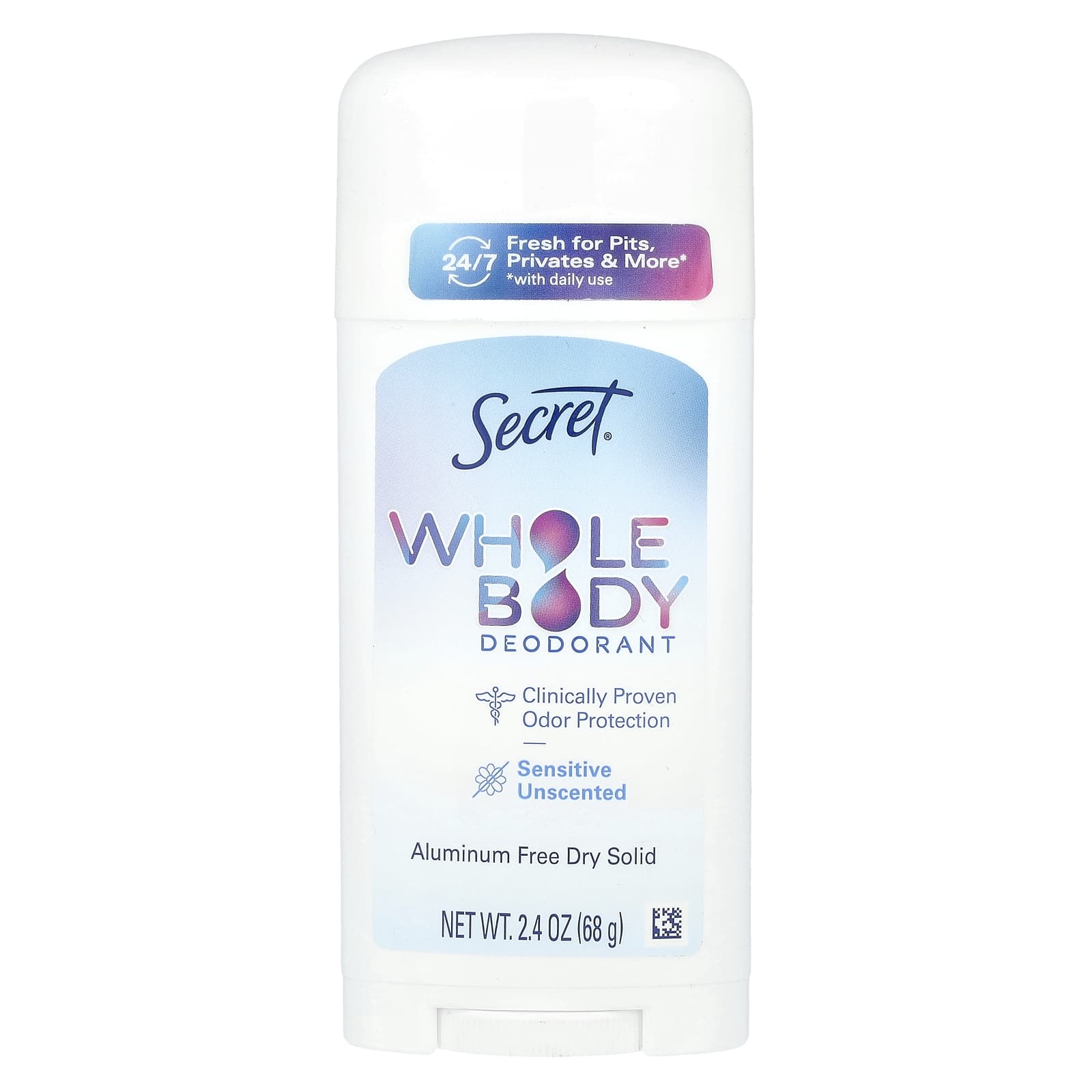Secret, Whole Body Deodorant, Aluminum Free Dry Solid, Unscented , 2.4 oz (68 g)