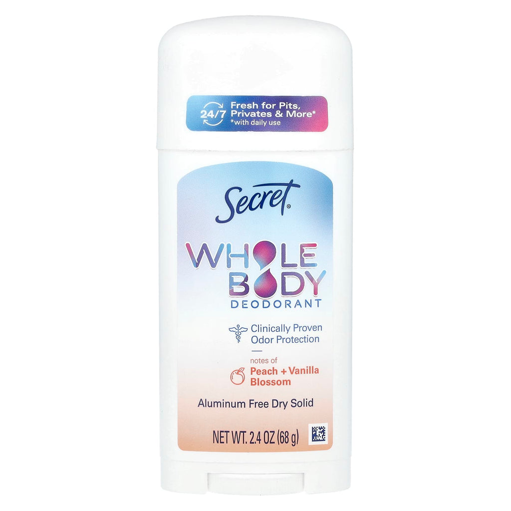 Secret, Whole Body Deodorant, Aluminum Free Dry Solid, Peach + Vanilla Blossom, 2.4 oz (68 g)