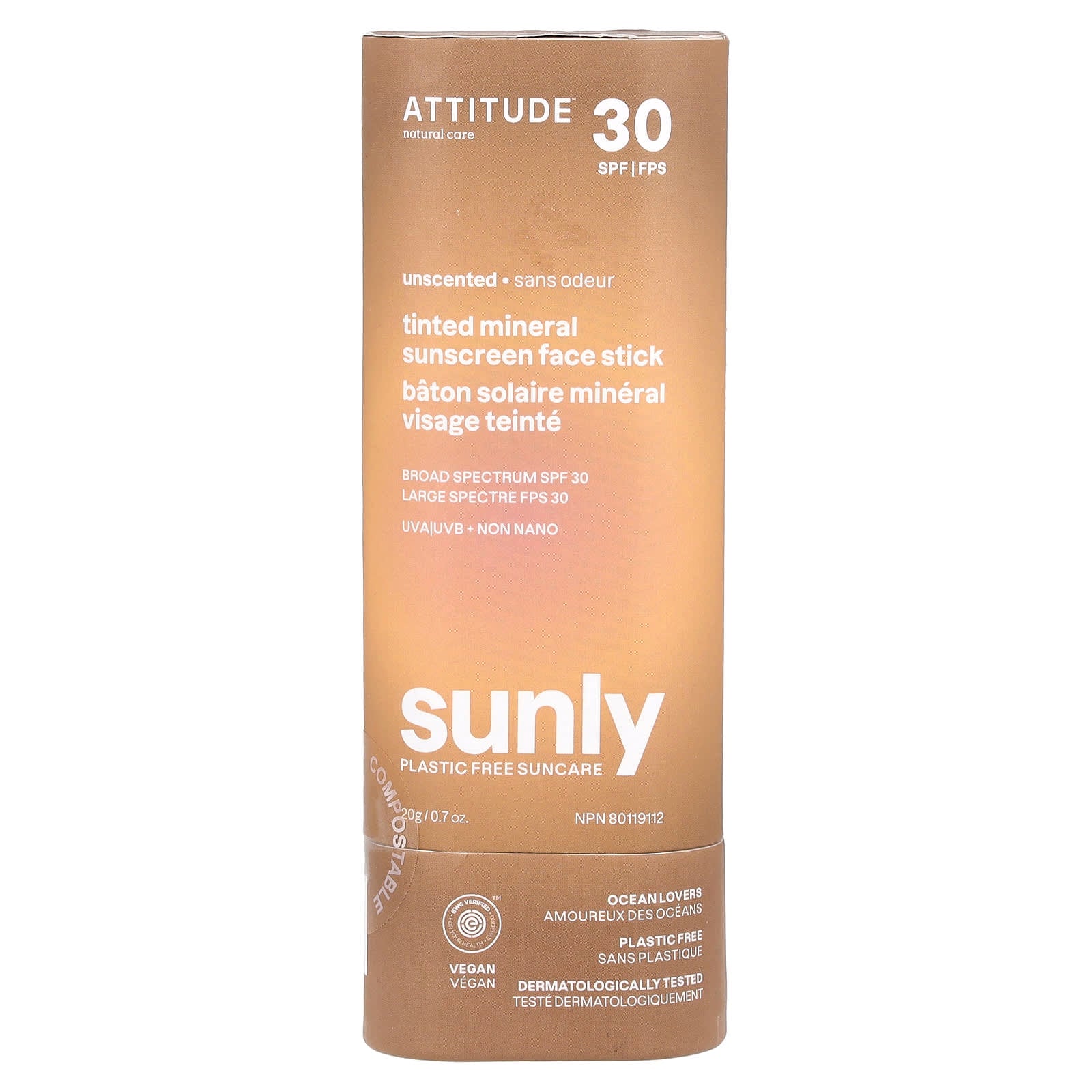 ATTITUDE, Tinted Mineral Sunscreen Face Stick, SPF 30, Unscented, 0.7 oz (20 g)