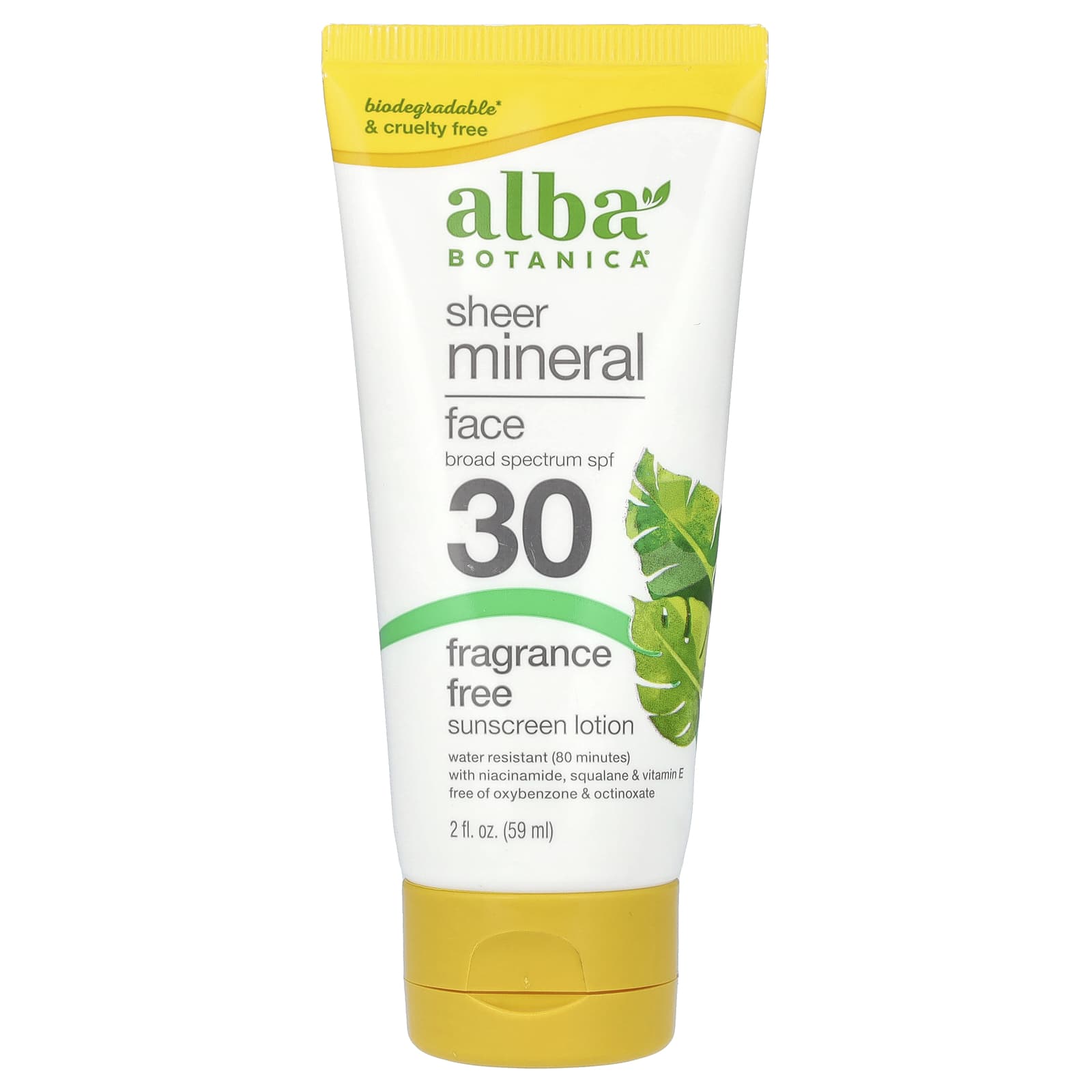 Alba Botanica, Sheer Mineral Face Sunscreen Lotion, SPF 30, Fragrance Free, 2 fl oz (59 ml)