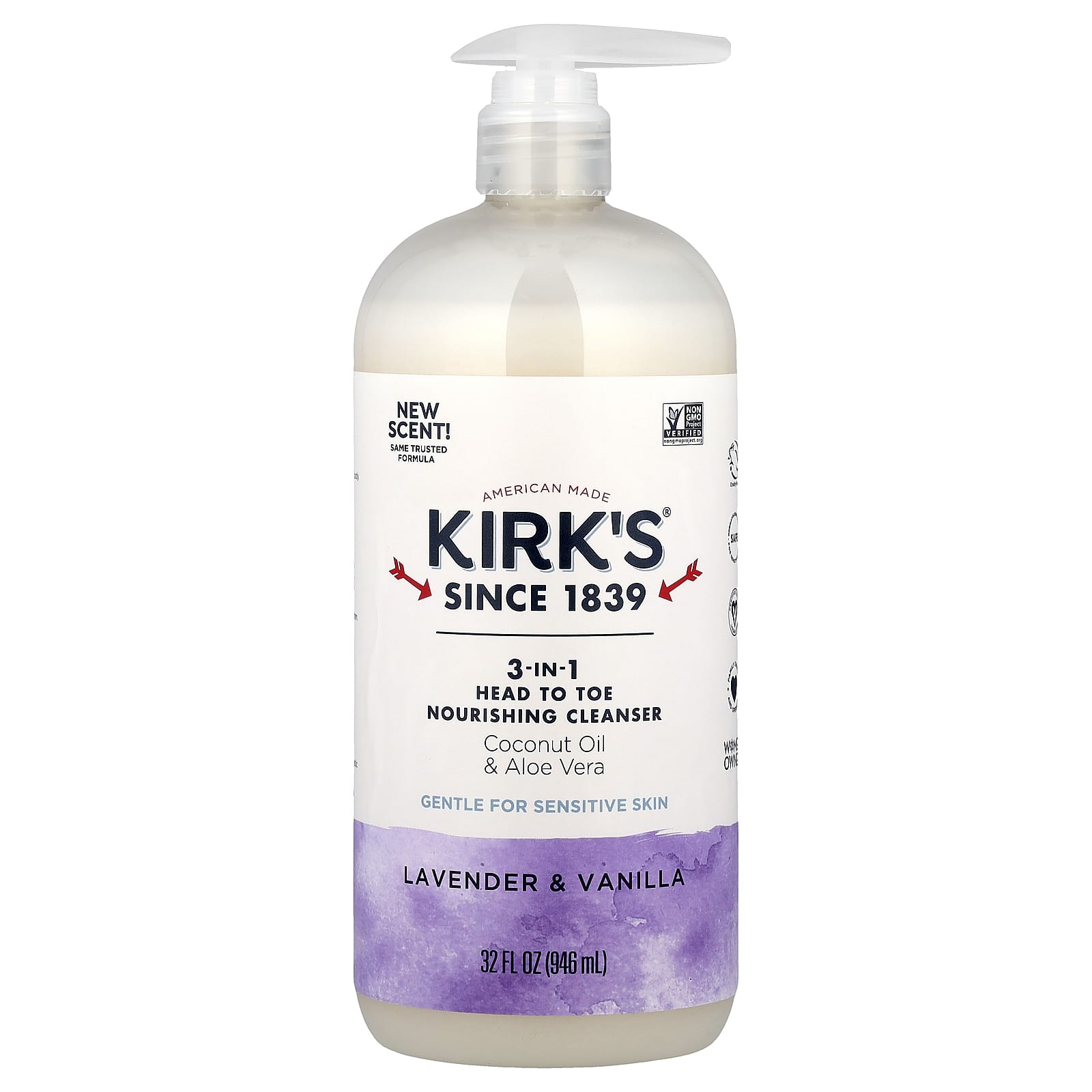Kirk's, 3-In-1 Head To Toe Nourishing Cleanser, Lavender & Vanilla, 32 fl oz (946 ml)