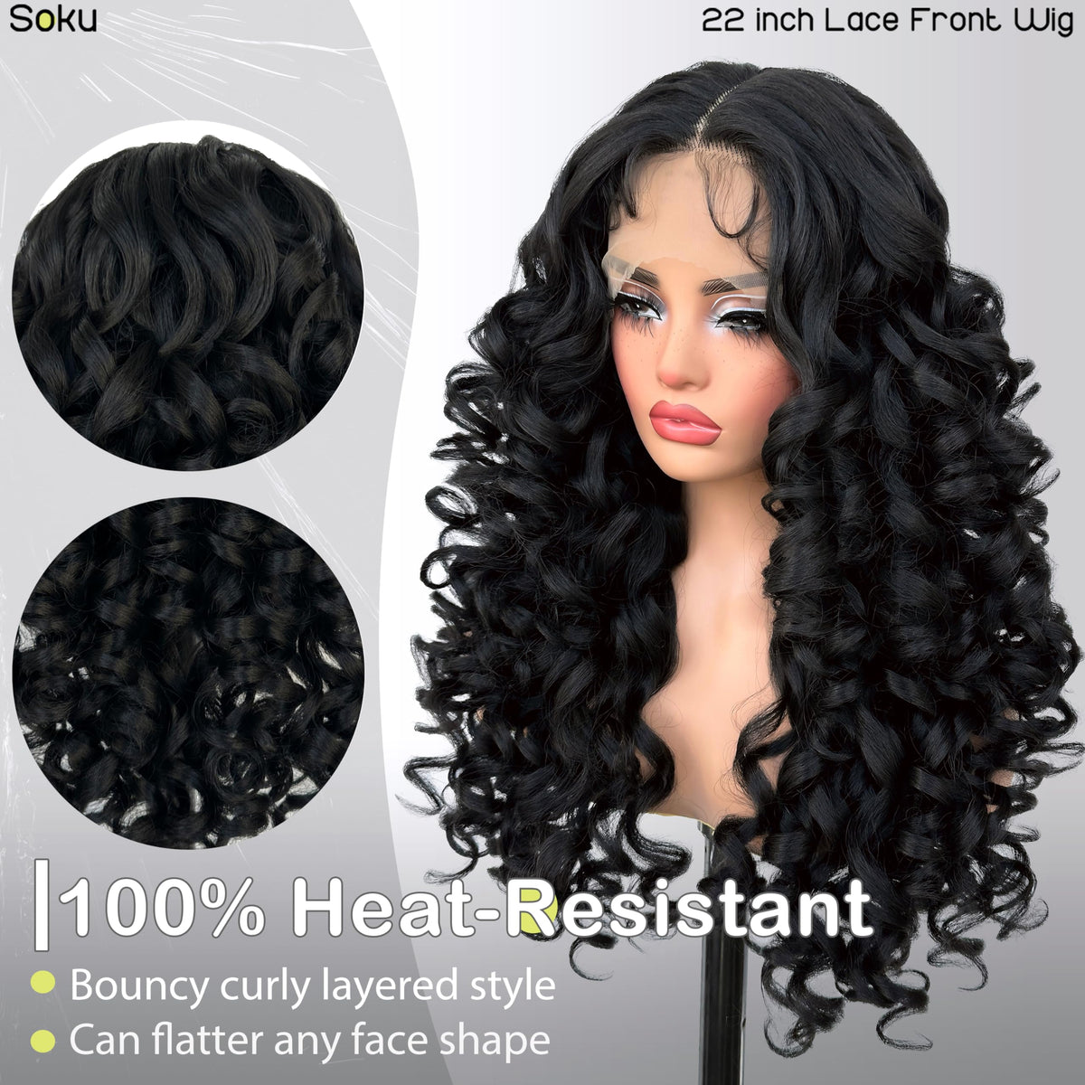 SOKU Long Curly Glueless Lace Front Wig with HD Lace