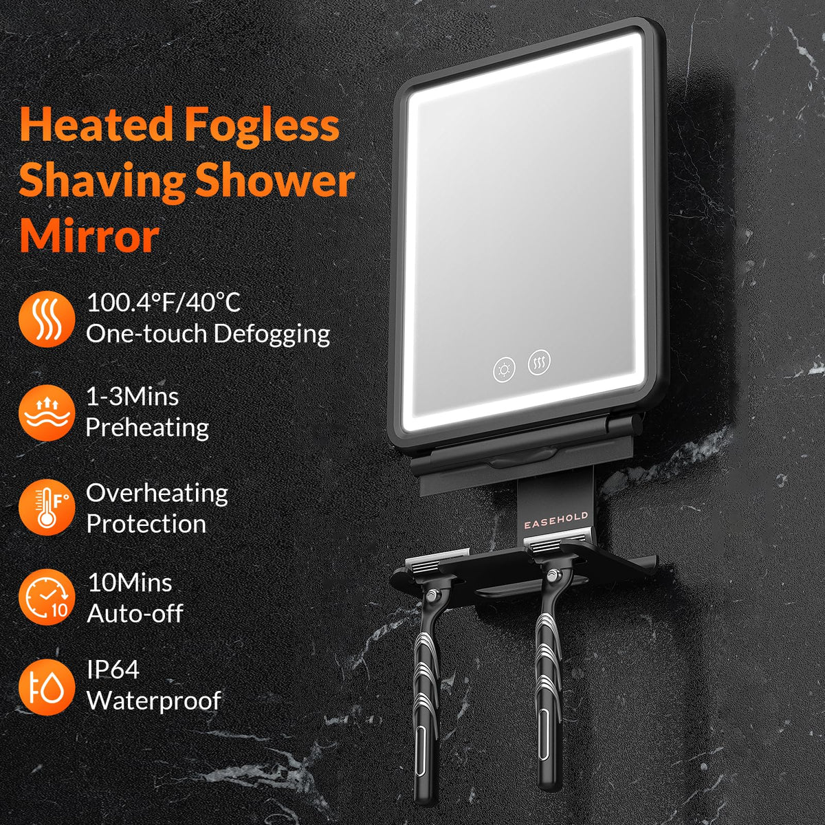 EASEHOLD Heated Fogless Shower Mirror with LED Lights and Storage Tray