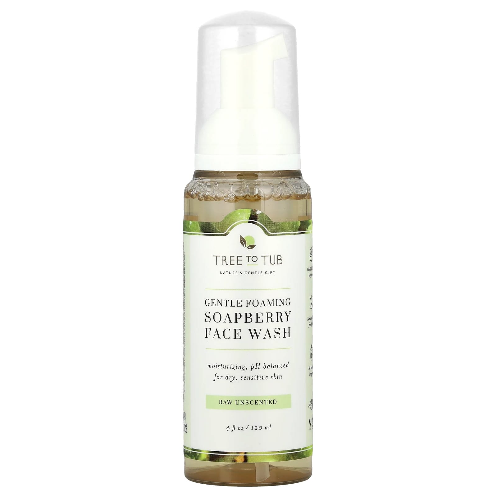 Tree To Tub, Soapberry Gentle Foaming Face Wash, For Dry, Sensitive Skin, Raw Unscented, 4 fl oz (120 ml)