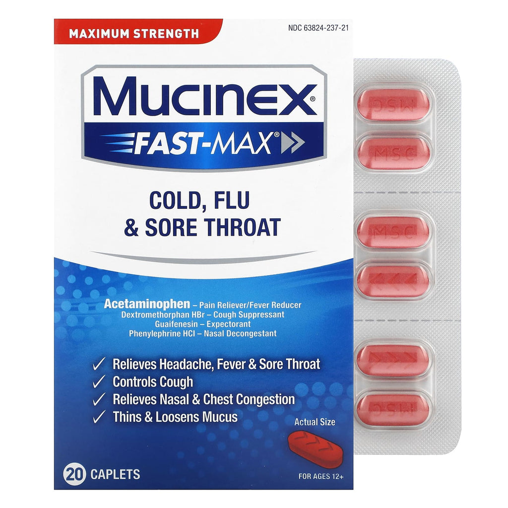 Mucinex, Fast-Max Cold, Flue & Sore Throat, Maximum Strength, For Ages 12+, 20 Caplets
