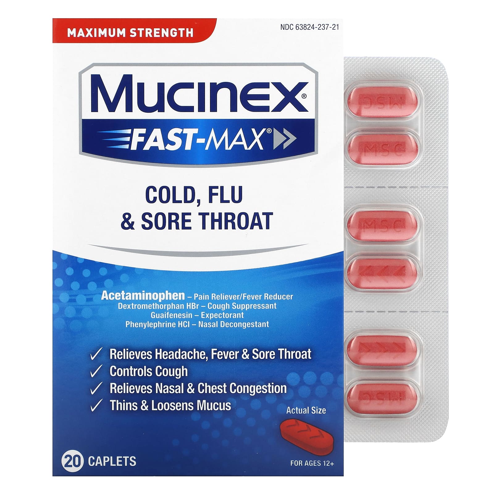 Mucinex, Fast-Max Cold, Flue & Sore Throat, Maximum Strength, For Ages 12+, 20 Caplets