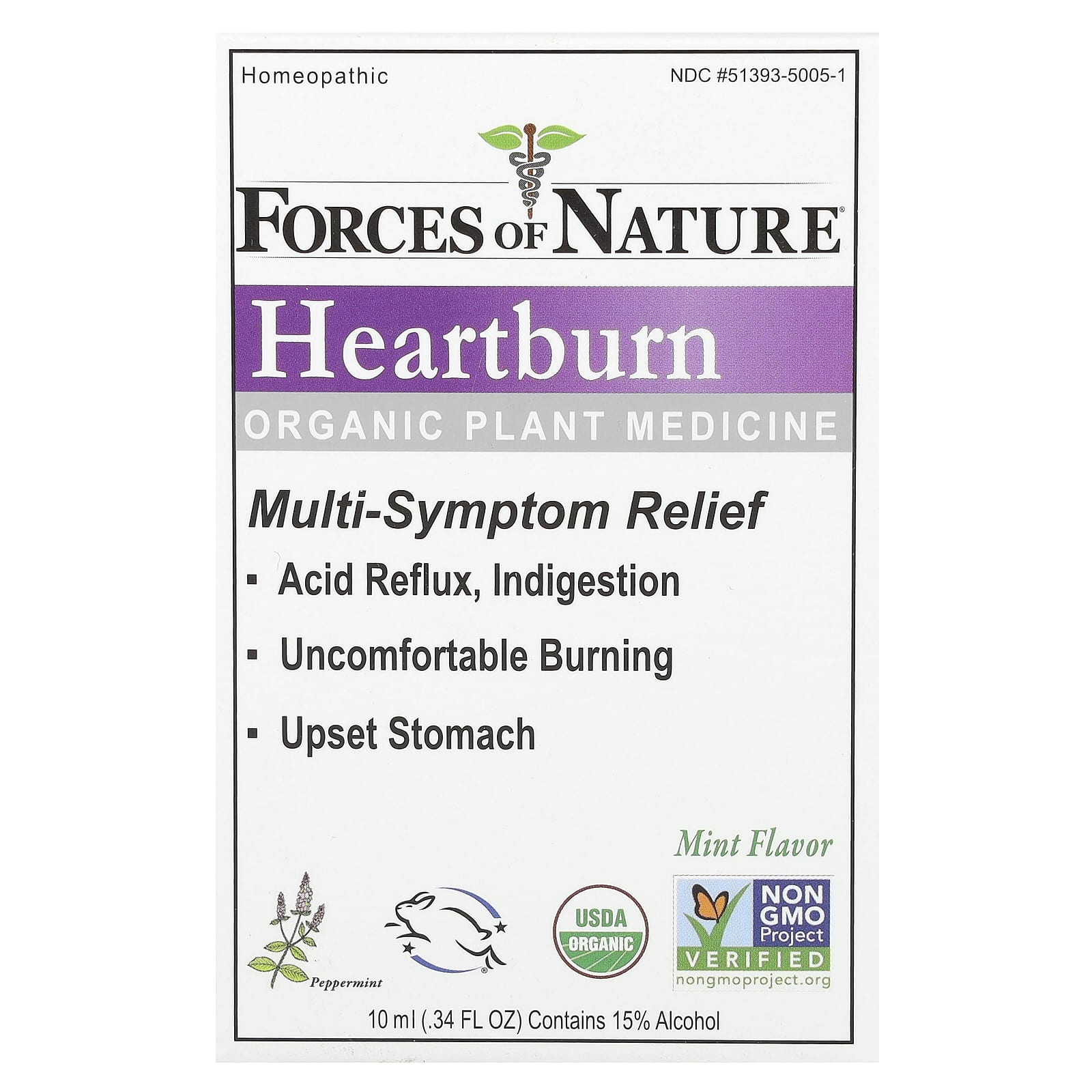 Forces of Nature, Heartburn, Organic Plant Medicine, Mint, 0.34 fl oz (10 ml)
