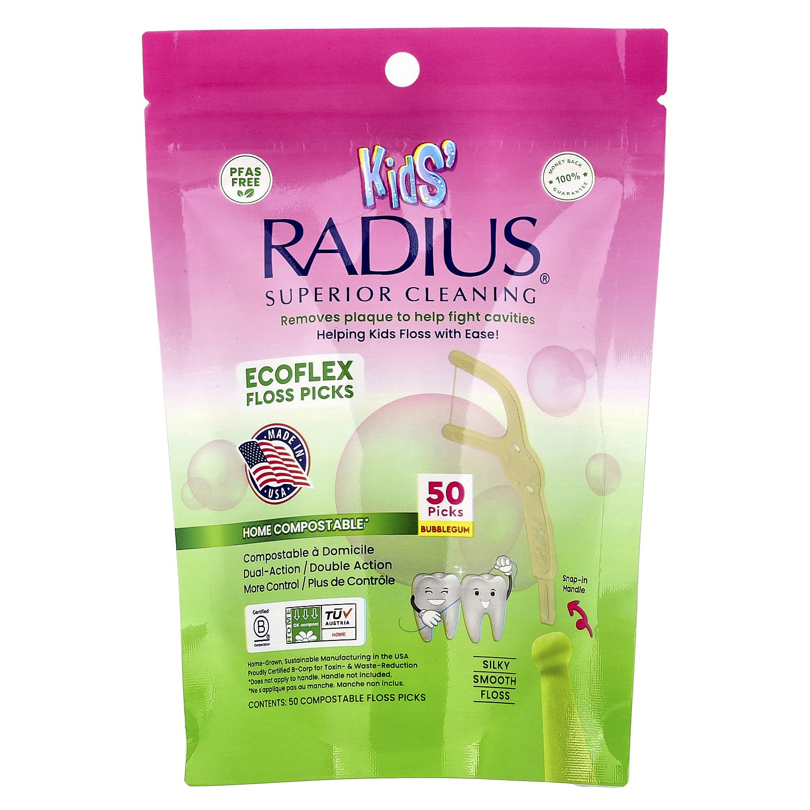 RADIUS, Kids, EcoFlex Floss Picks, Bubblegum, 50 Compostable Floss Picks