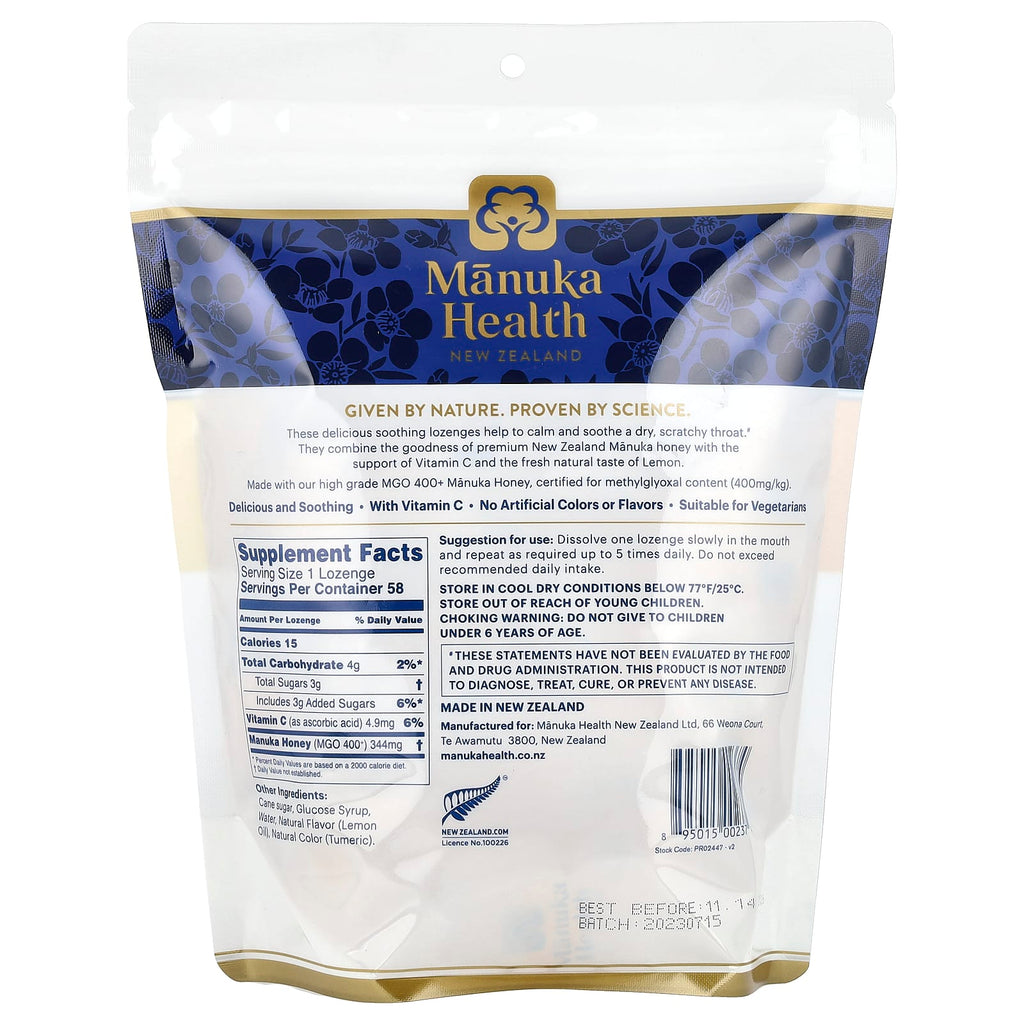 Manuka Health, Manuka Honey Lozenges, Natural Lemon, 58 Lozenges