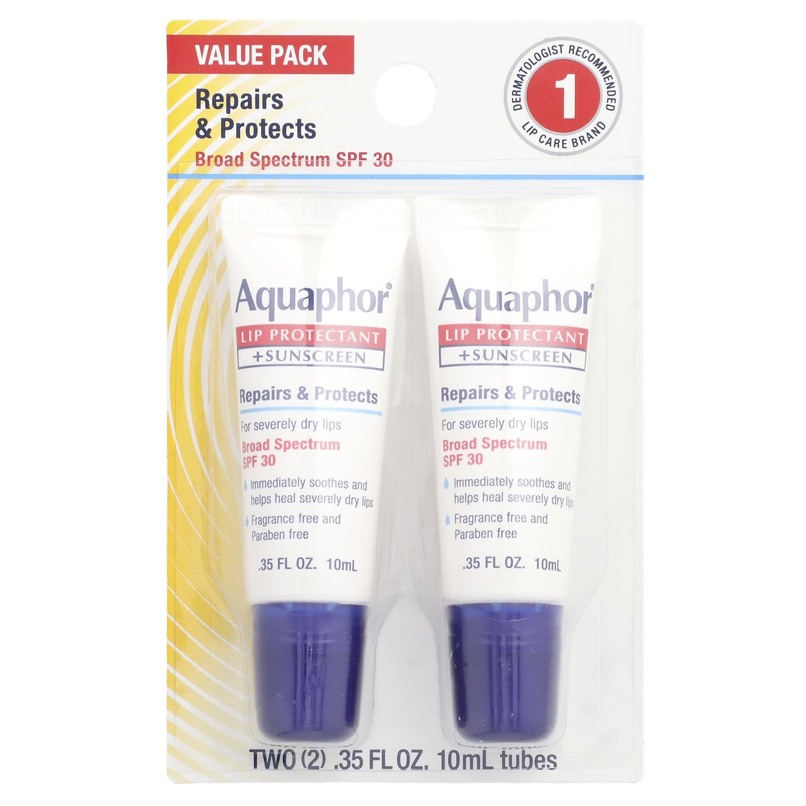 Aquaphor, Lip Protectant + Sunscreen, SPF 30, Fragrance Free, 2 Tubes, 0.35 fl oz (10 ml) Each