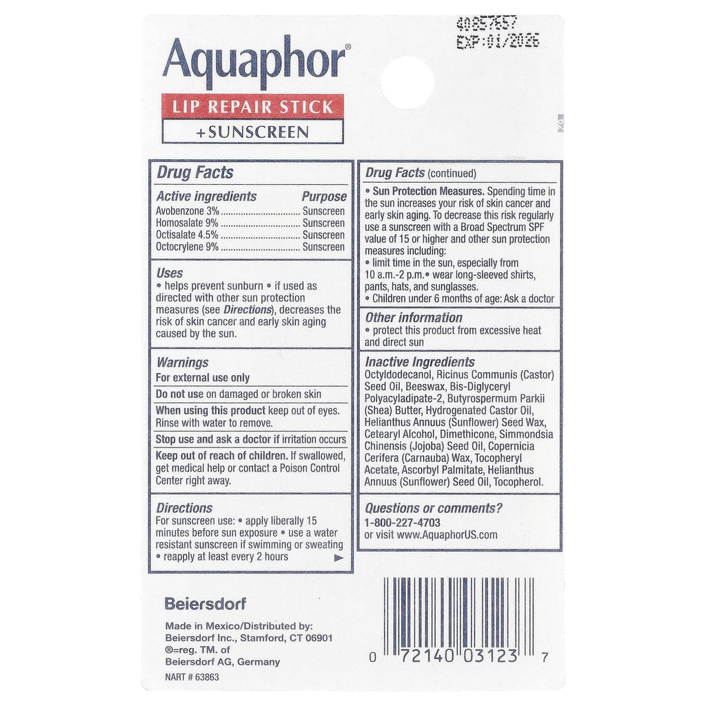 Aquaphor, Lip Repair Stick + Sunscreen, SPF 30, Fragrance Free, 2 Sticks, 0.17 oz (4.8 g) Each
