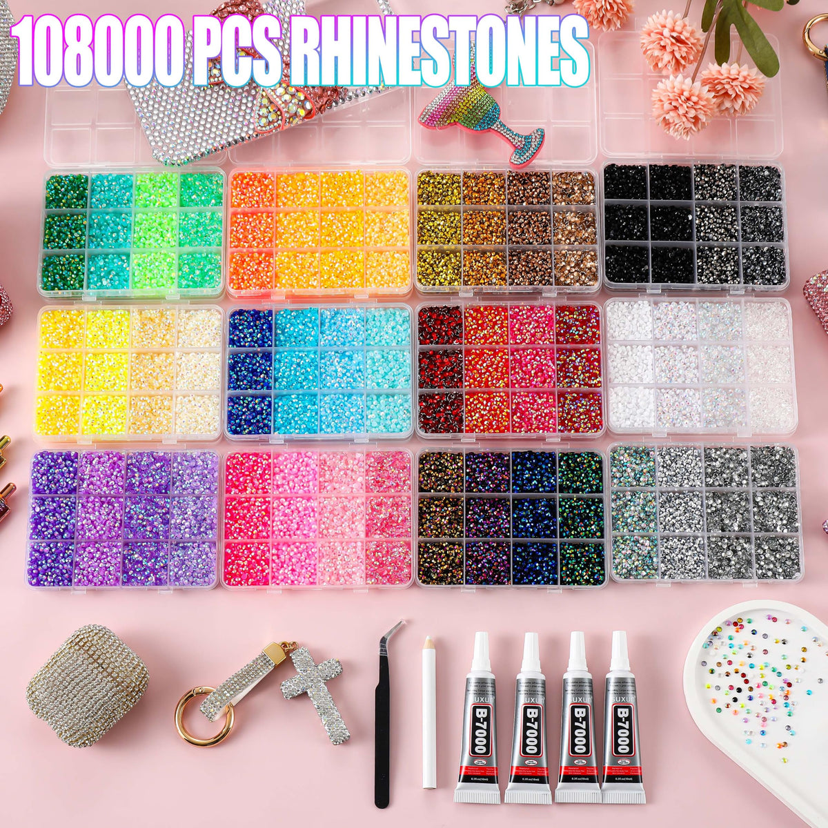 108,000-Piece Rhinestone Bedazzling Kit with B7000 Glue and Tools